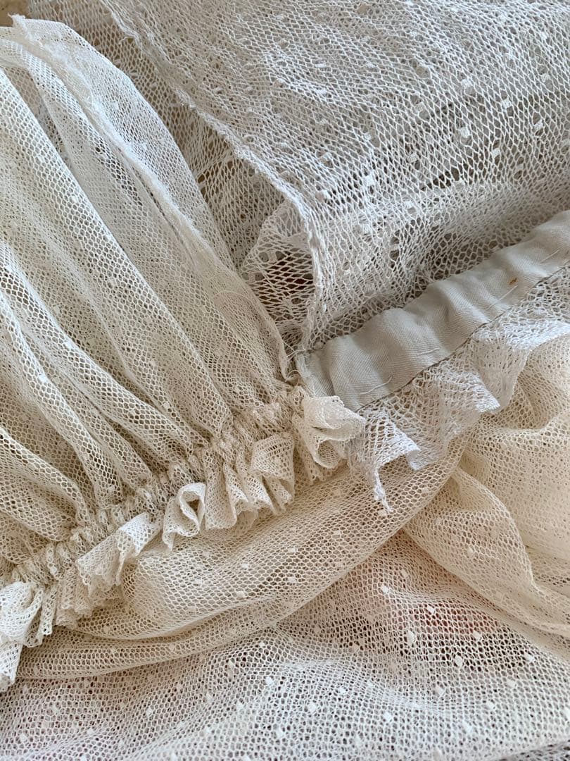 フランスアンティークドット柄チュールレースロングカーテン3枚set※古色ホワイト