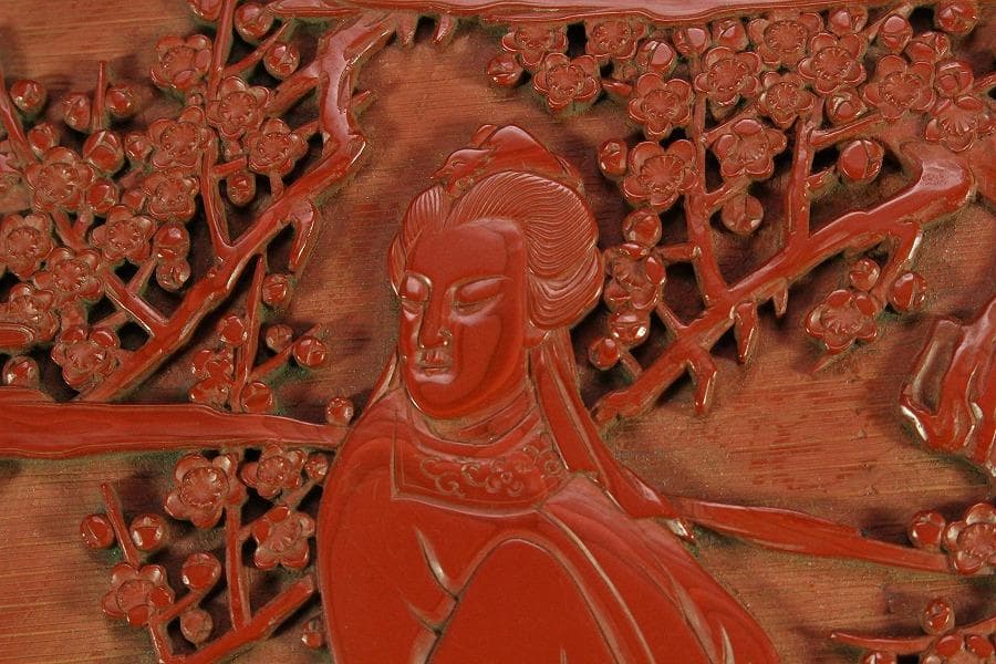 仿古 堆朱 刻 梅下女人紋 菱盆(K-LC479)