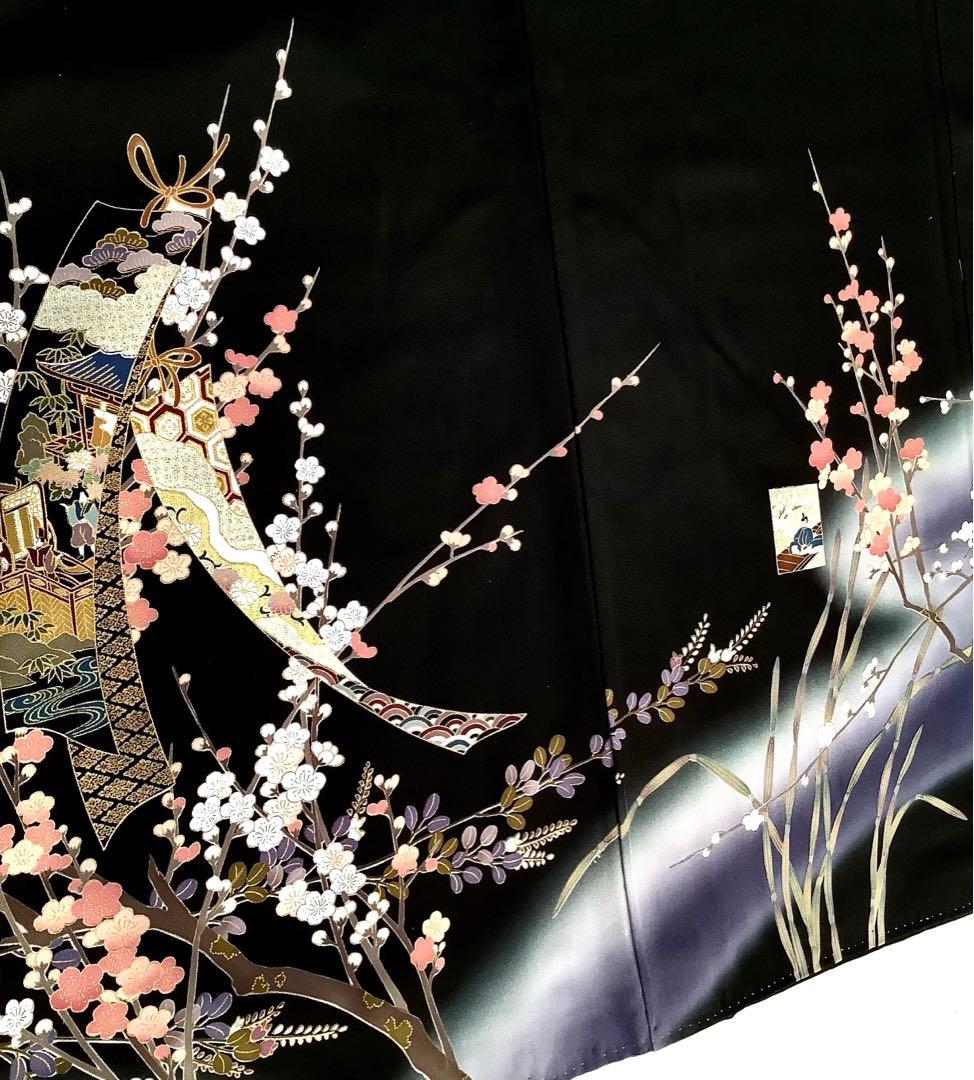 正絹黒留袖　駒刺繍　金彩　平安風景文　⑧( 訪問着、紬、袋帯なども出品)