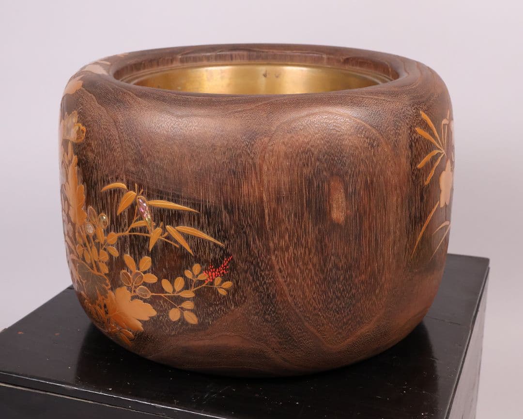 花鳥蒔絵 螺鈿細工 桐火鉢 幅31cm 高20cm 金蒔絵 漆芸 草花【MB68