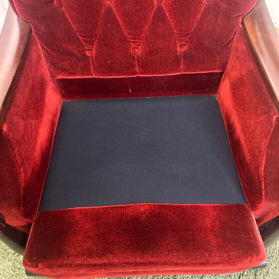②昭和レトロ 古家具 一人掛けベロアソファー アームチェア ヴィンテージ 赤