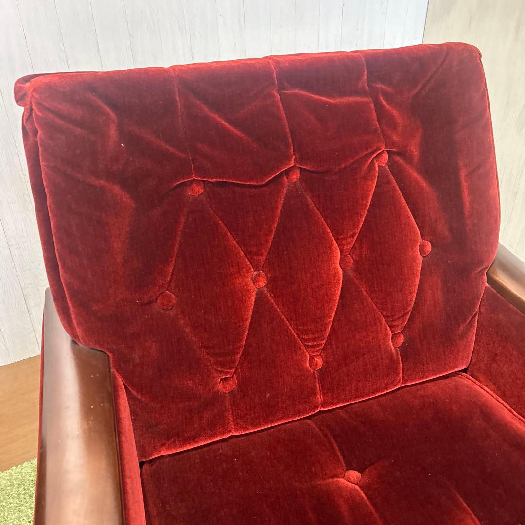 ②昭和レトロ 古家具 一人掛けベロアソファー アームチェア ヴィンテージ 赤