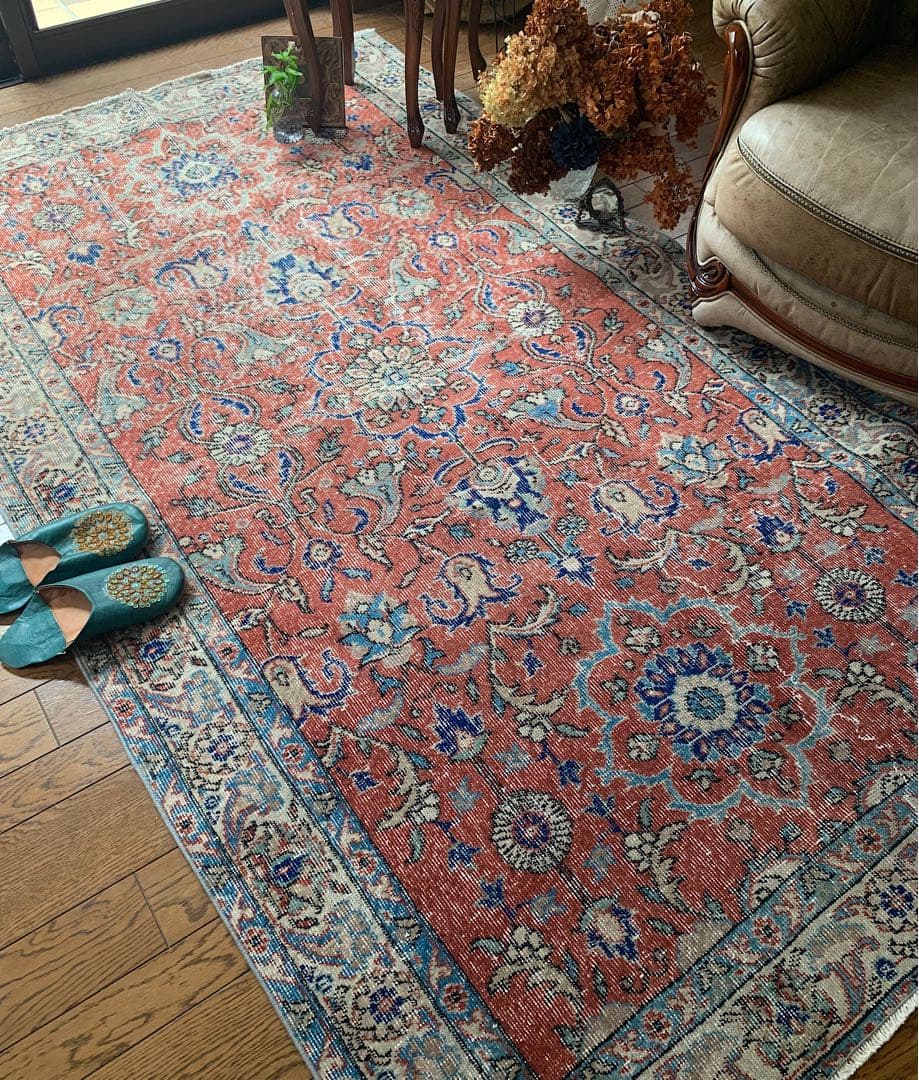 超大判　トルコヴィンテージラグ　234× 132 テラコッタオレンジ　ボタニカル