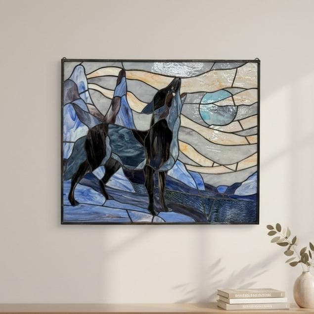 【幅61.5㎝】【希少】大型 ステンドグラス 狼と月 遠吠え 壁掛け パネル