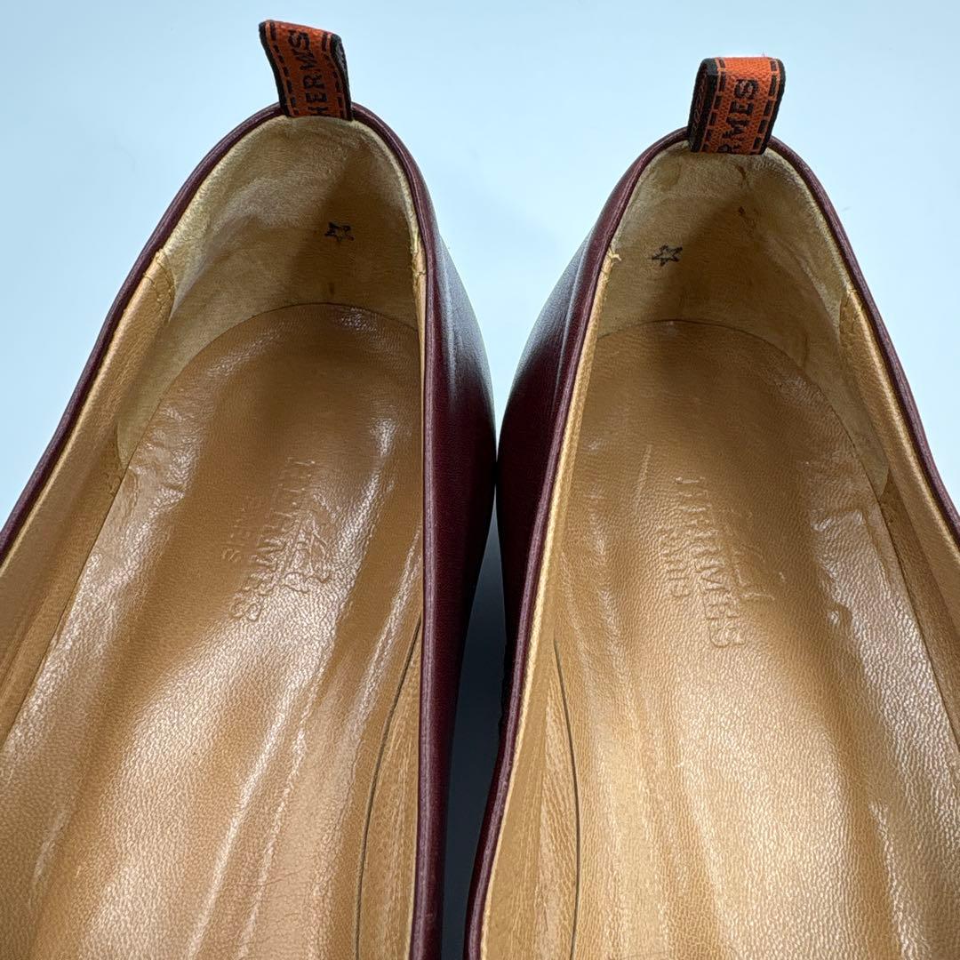 エルメス　レザー　バーガンディ　フラットシューズ　ローファー　リボン