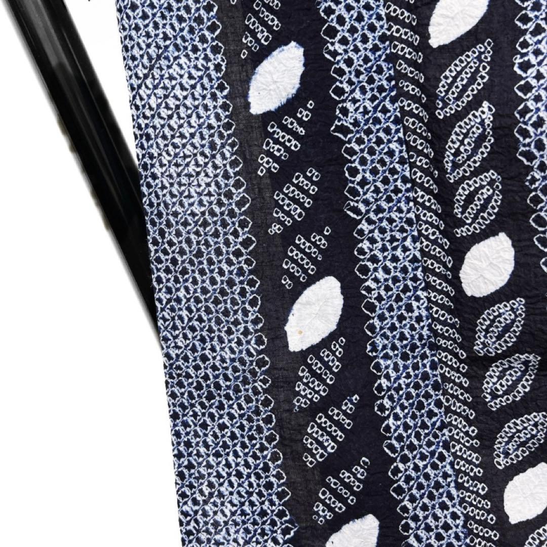 浴衣　有松鳴海絞り　縦縞　リーフ　藍染　ネイビー　着物　042a d
