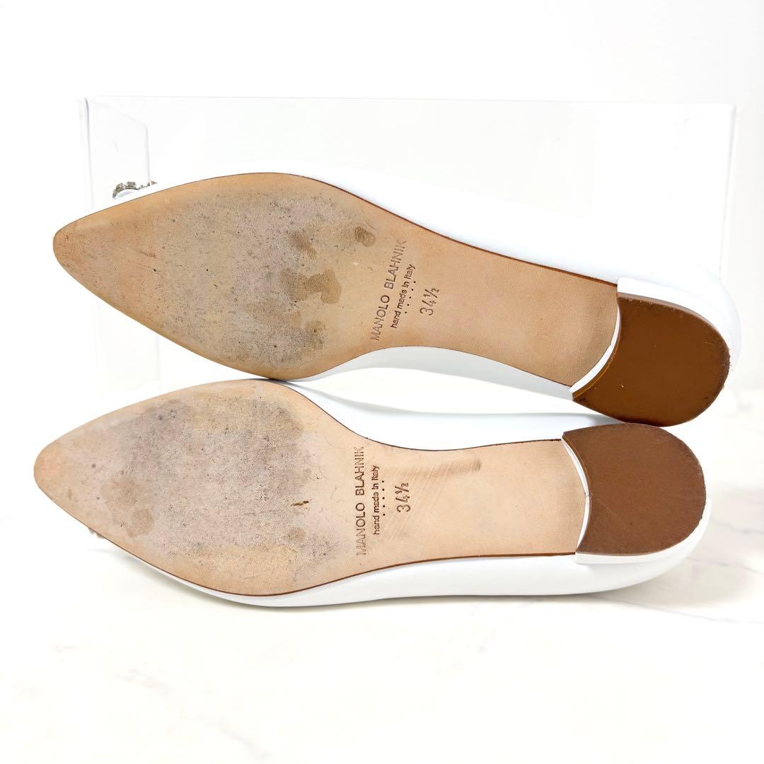 美品 マノロブラニク 34 1/2 ハンギシ フラットパンプス レザー ホワイト