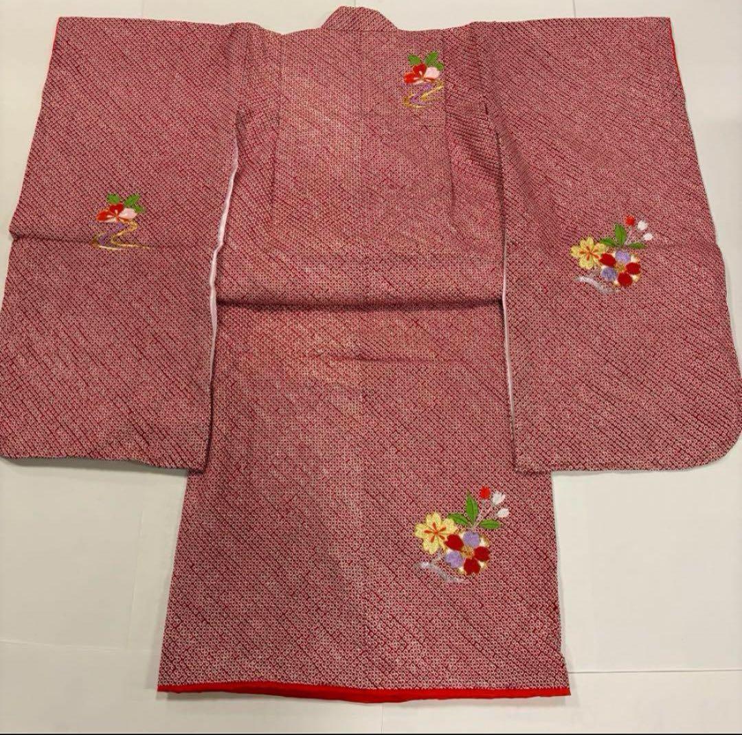 七五三　7歳女の子　正絹　豪華絞り　刺繍　高級本仕立　2点セット　熨斗目　桜