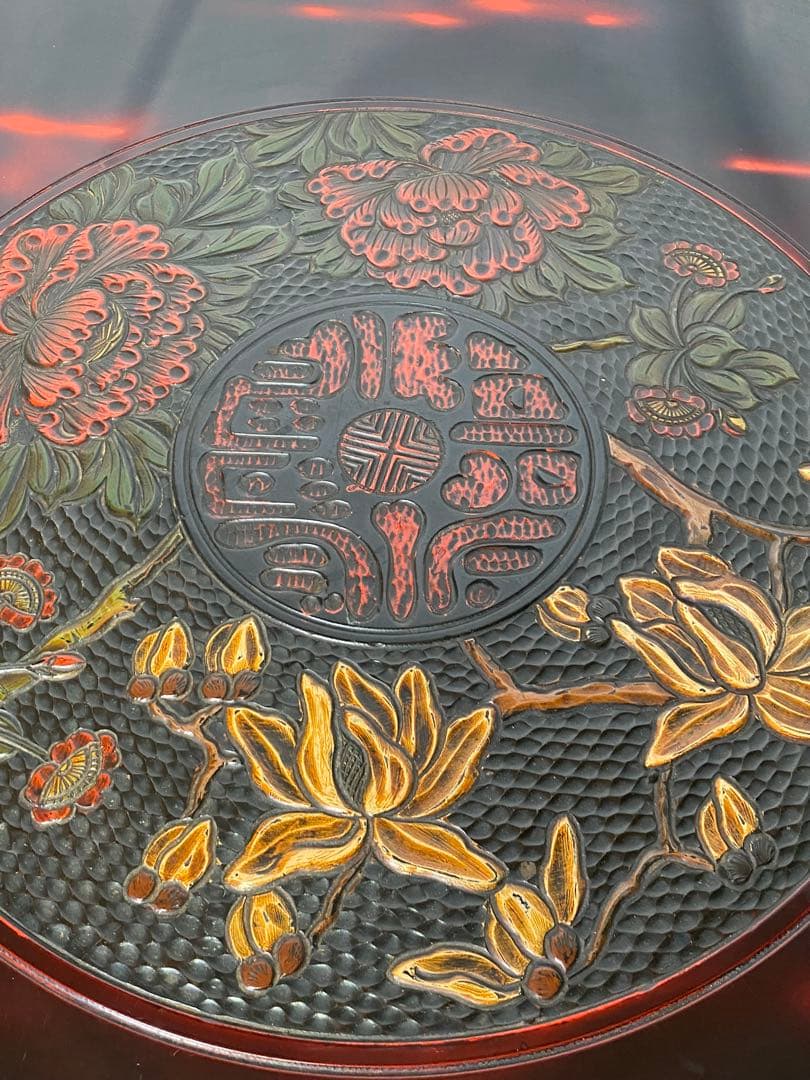 2428❣️ 丸テーブル　ちゃぶ台　中国座卓　　彫り　アンティーク　昭和レトロ