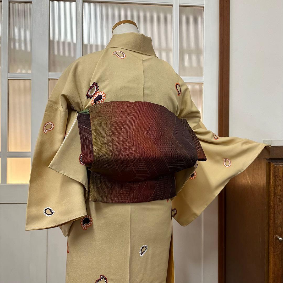 こ*ら様 希少サイズ　小紋　袷　正絹　黄粉色ペイズリー柄　身丈172裄71.5ト