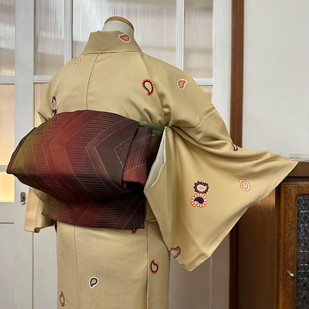 こ*ら様 希少サイズ　小紋　袷　正絹　黄粉色ペイズリー柄　身丈172裄71.5ト