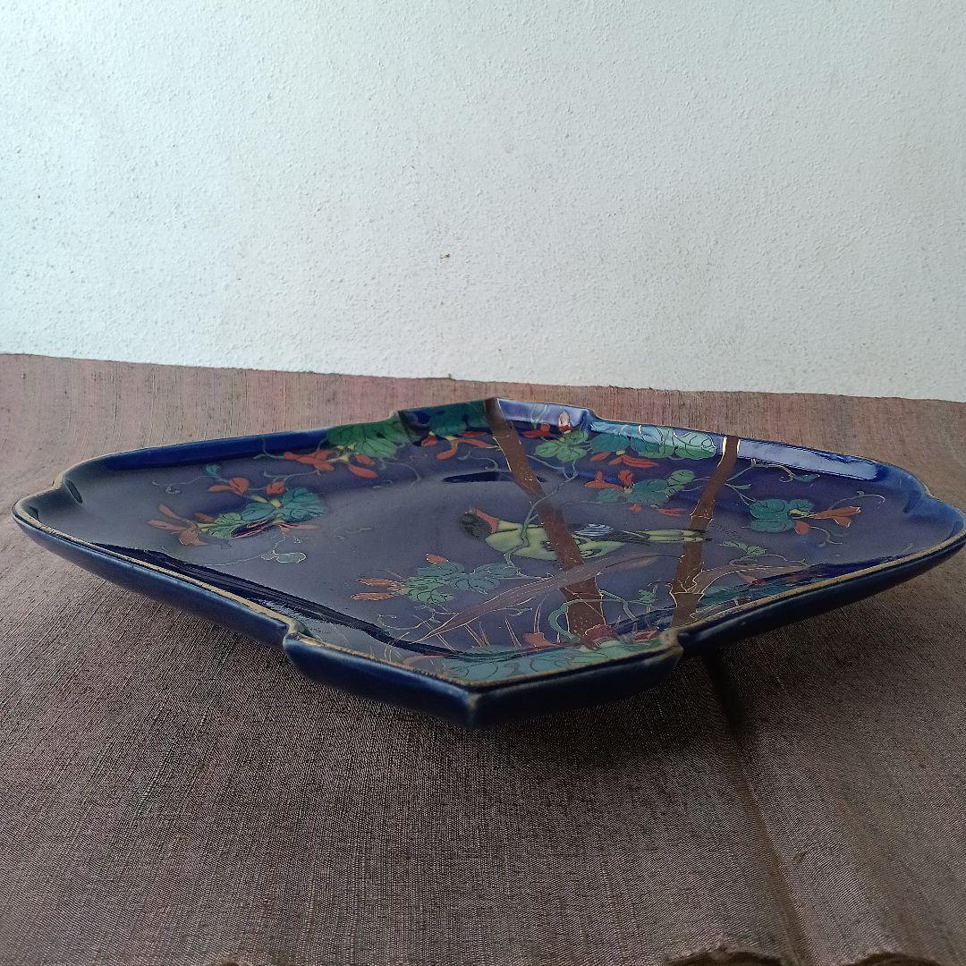 （希少）　明治伊万里　オールド香蘭社？　瑠璃花鳥菱形変形皿　　有田焼