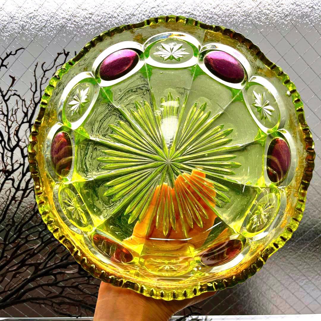 骨董　時代プレス　ラスター彩釉薬　ギザフチ　大鉢　菓子器　ウランガラス