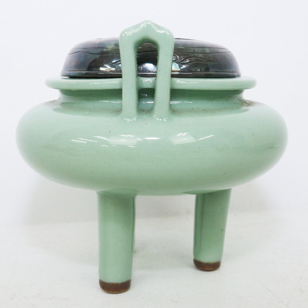 初代 諏訪蘇山 作 青磁 立耳 香炉 共箱 共布　鳳凰透火舎　帝室技芸員