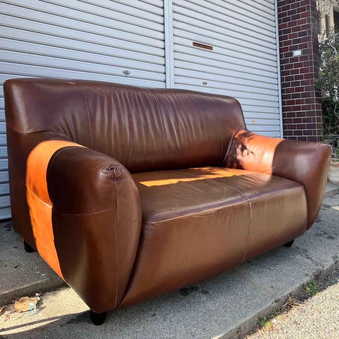 [USED/交渉可] ブラウン本革レザー 2人掛けソファ
