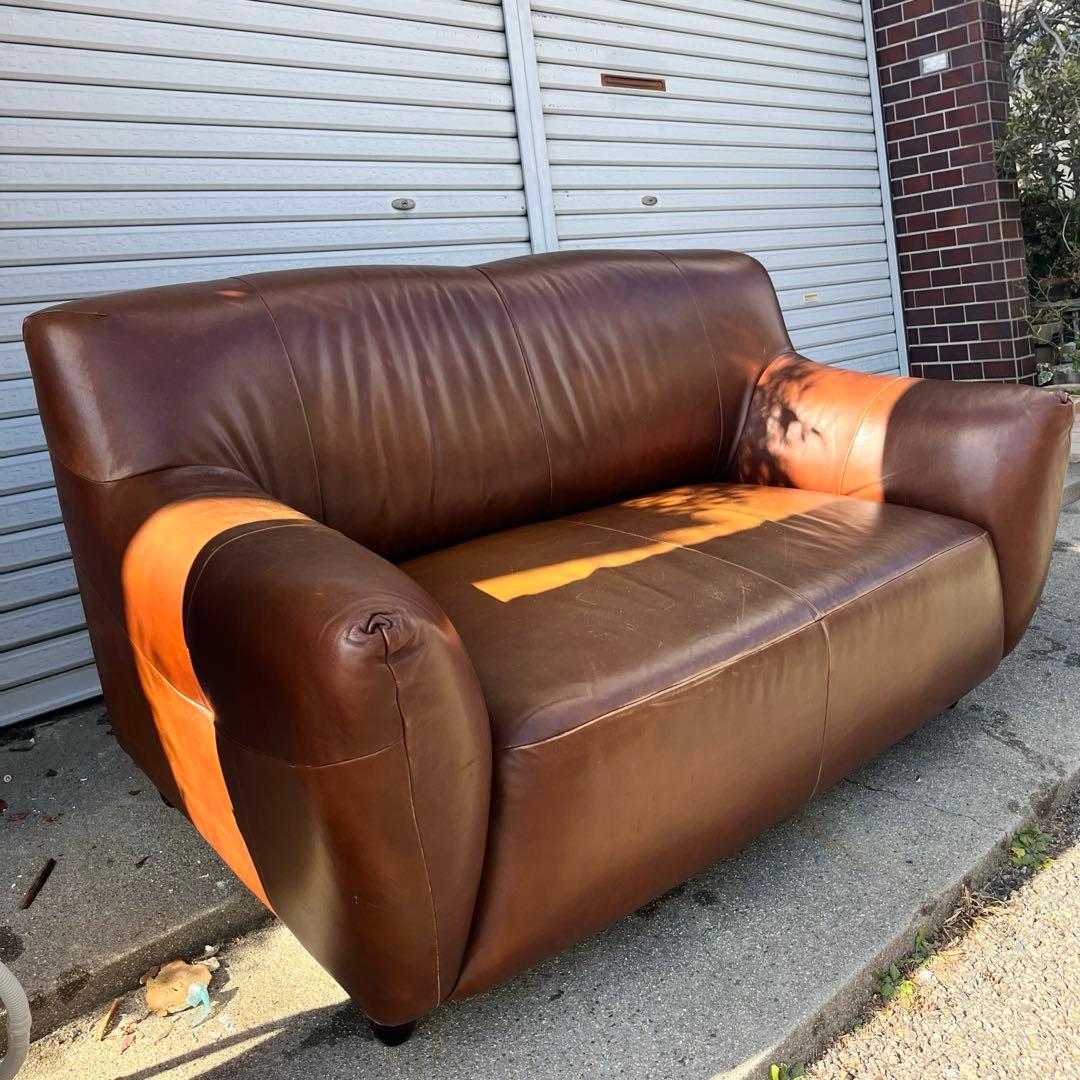 [USED/交渉可] ブラウン本革レザー 2人掛けソファ