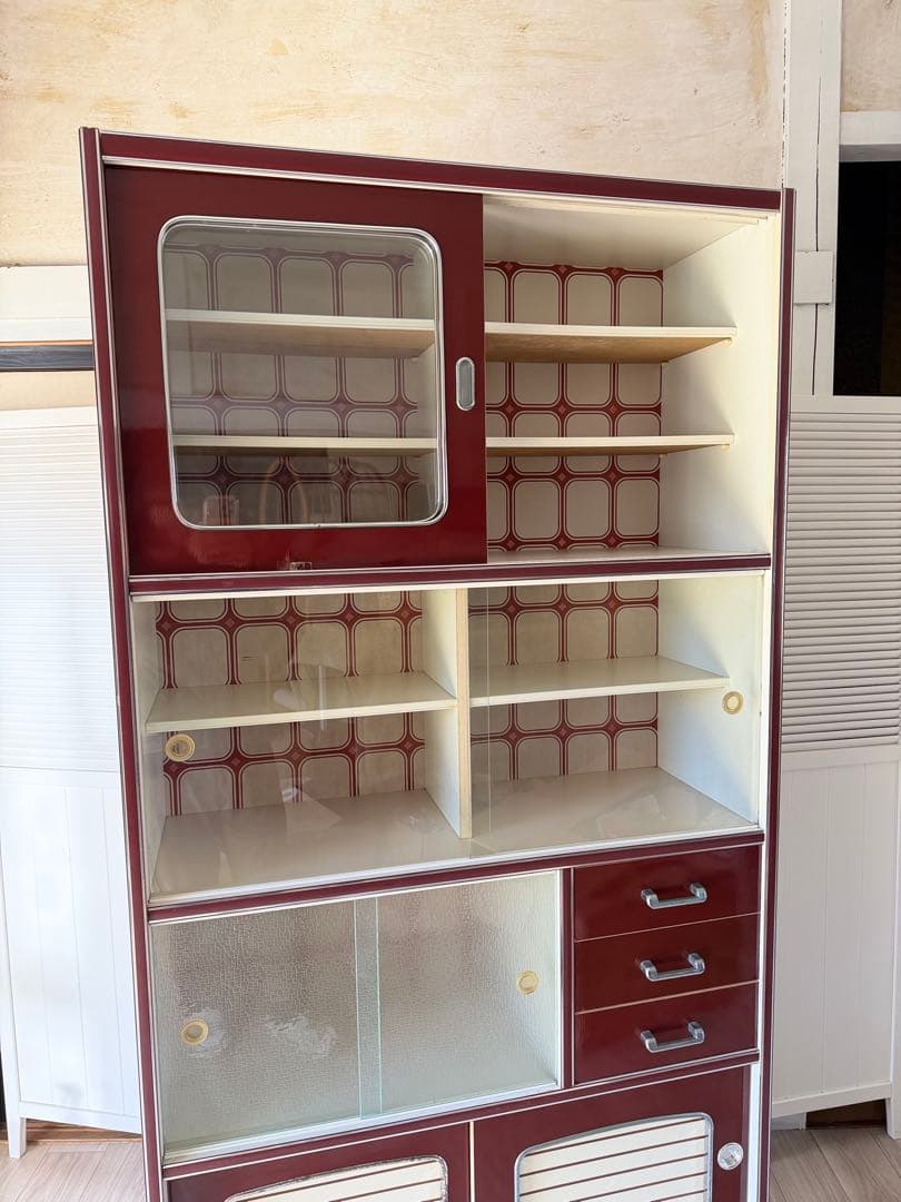 昭和レトロ レトロポップ 食器棚 ガラスキャビネット 木製 キッチン収納 大