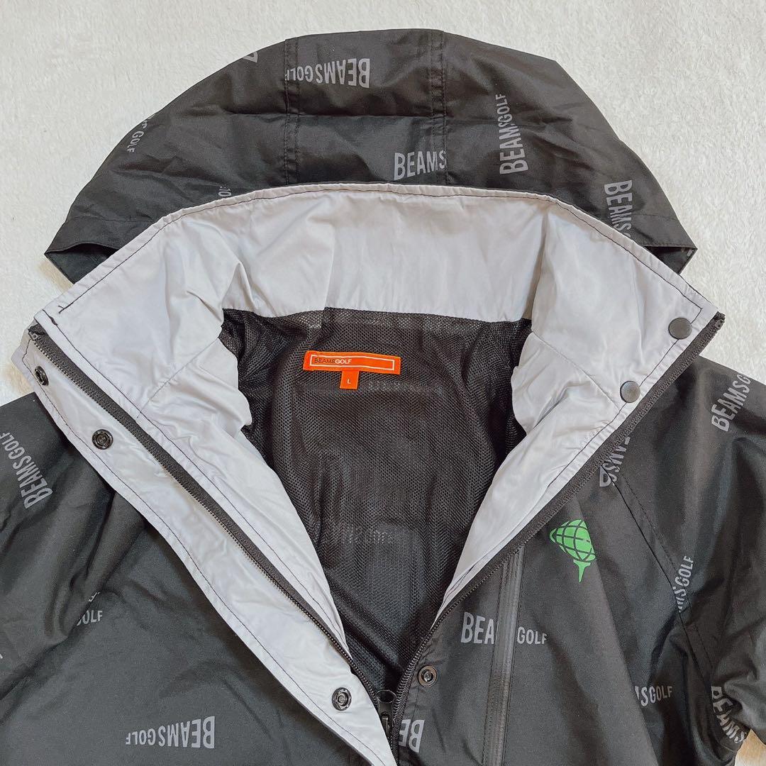 極美品　ビームスゴルフ　2WAY レインコート 2　ロゴ　総柄　ブラック　フード