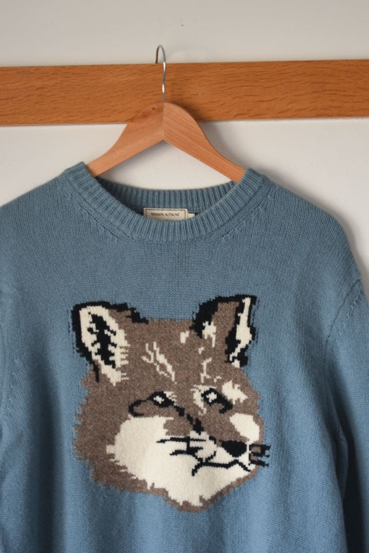 MAISON KITSUNÉ フォックス刺繍ニットセーター メンズ　M ブルー
