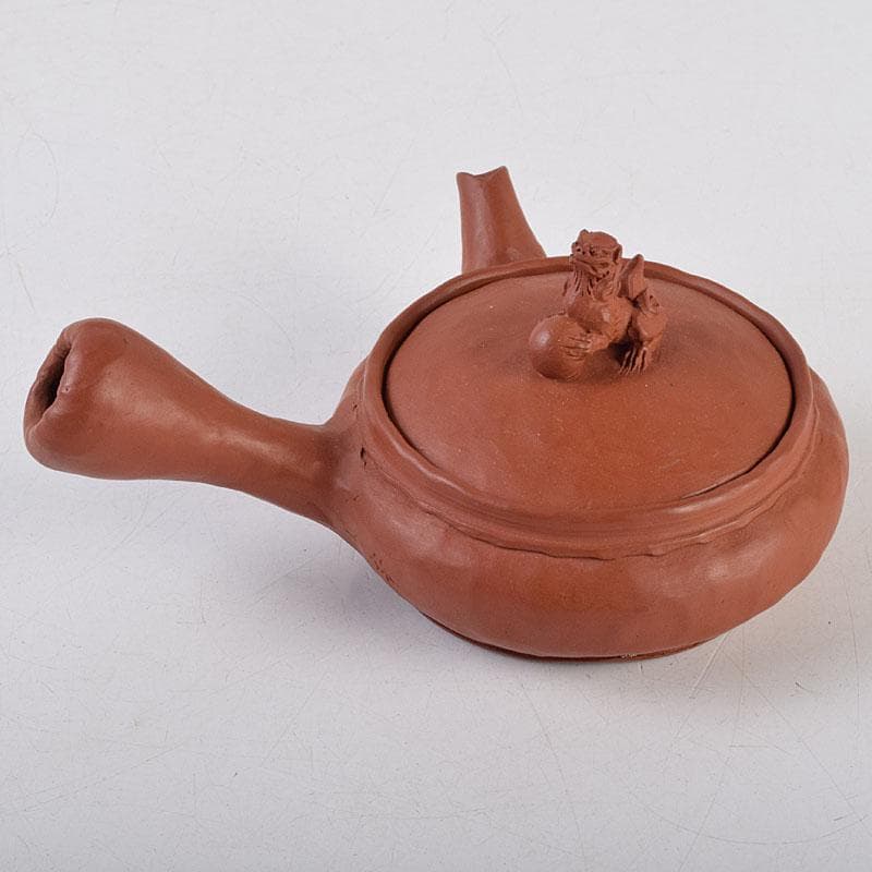 tatsu 　朱泥　獅子摘　手捻文様　茶注　急須　共布共箱　M　R9528