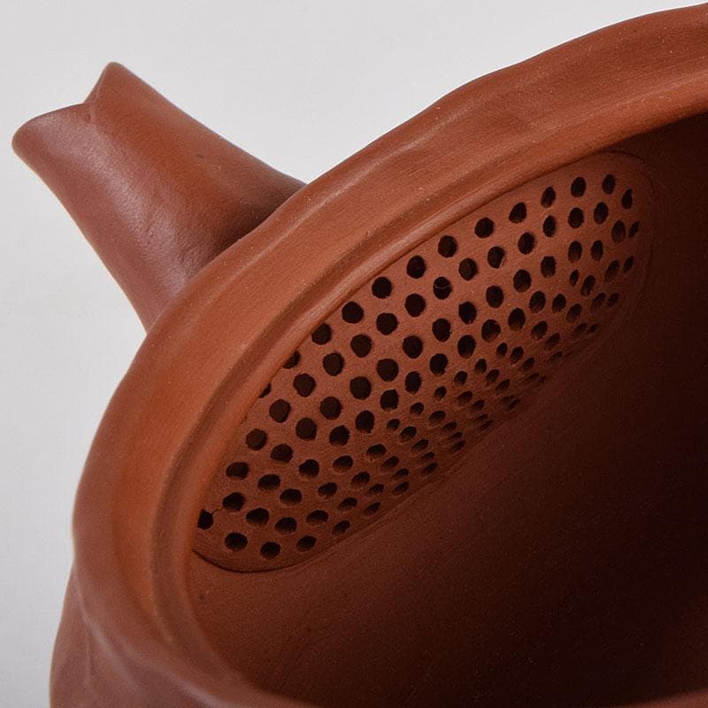 tatsu 　朱泥　獅子摘　手捻文様　茶注　急須　共布共箱　M　R9528