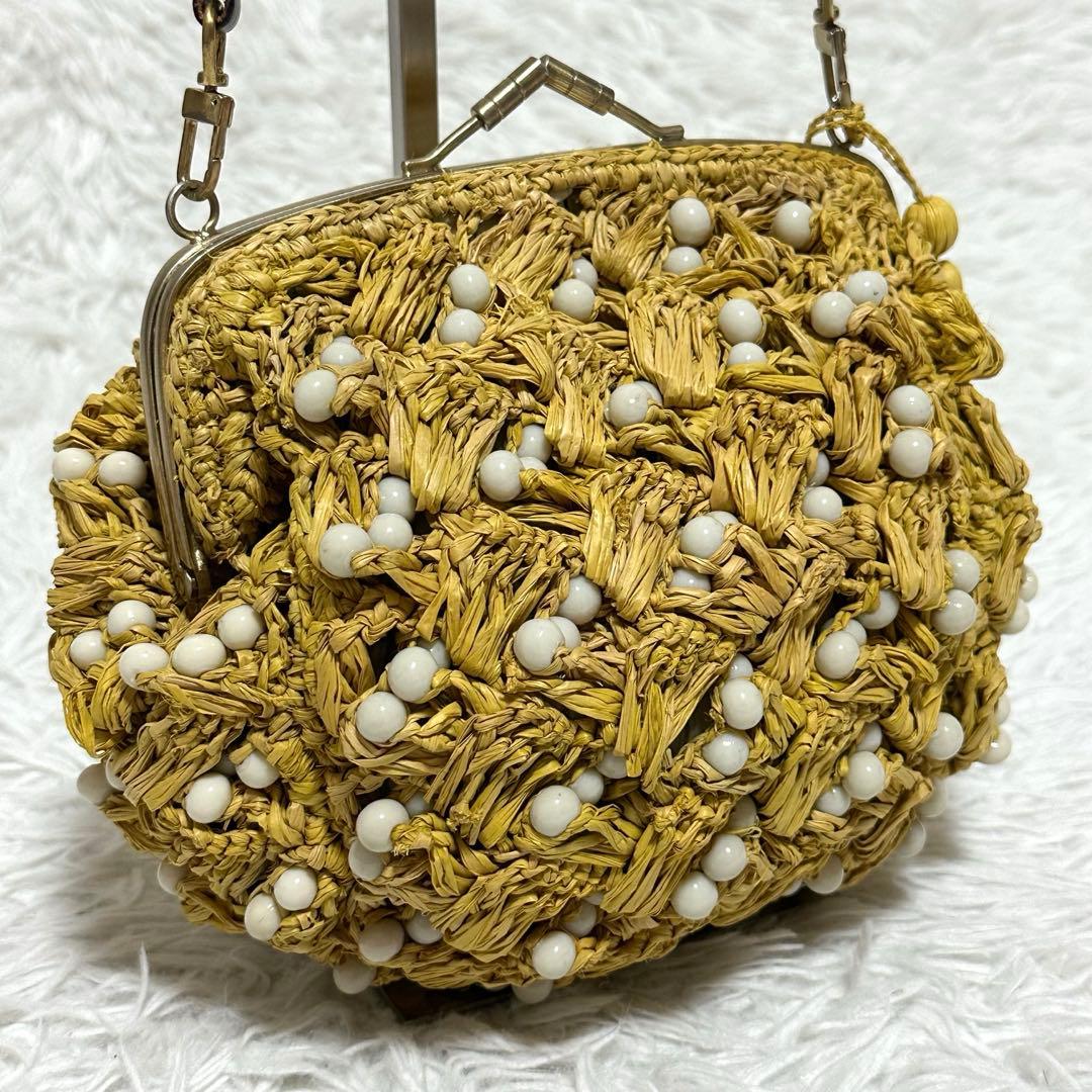 美品✨ジャマンピュエッシュ がま口 ビーズ ワンショルダーバッグ ラフィア カゴ