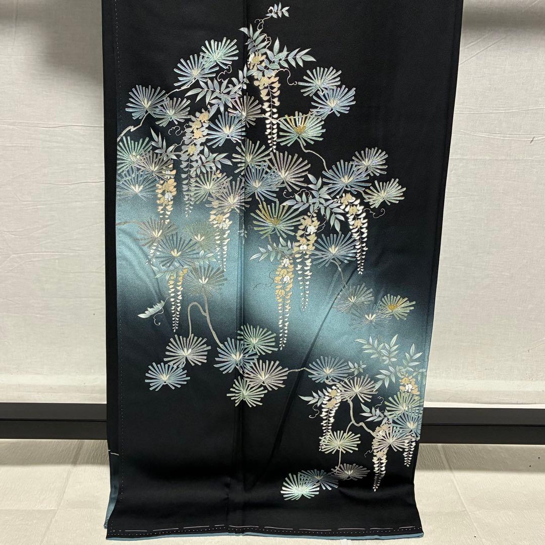 お値下げ済み D46 訪問着 藤の花 黒地 正絹 着物 袷 しつけ糸未使用極美品