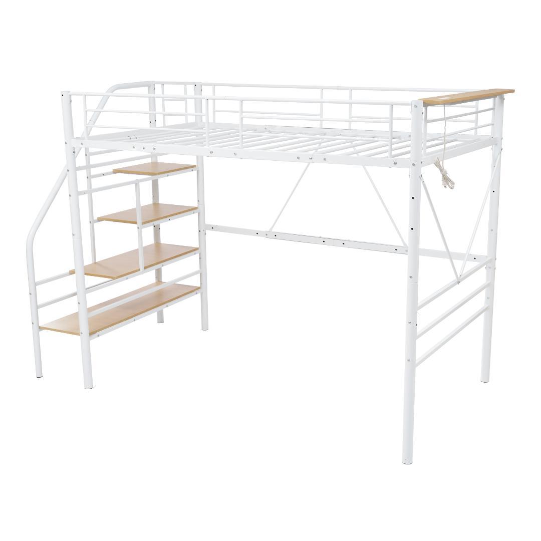 ロフトベッド 階段付き S パイプベッド シングル コンセント付き 収納 耐震