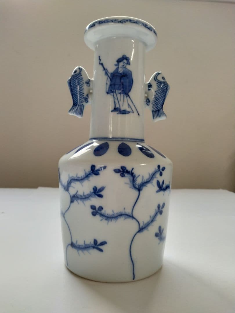 九谷　陶源製　高砂花入　染付鯉耳　華入