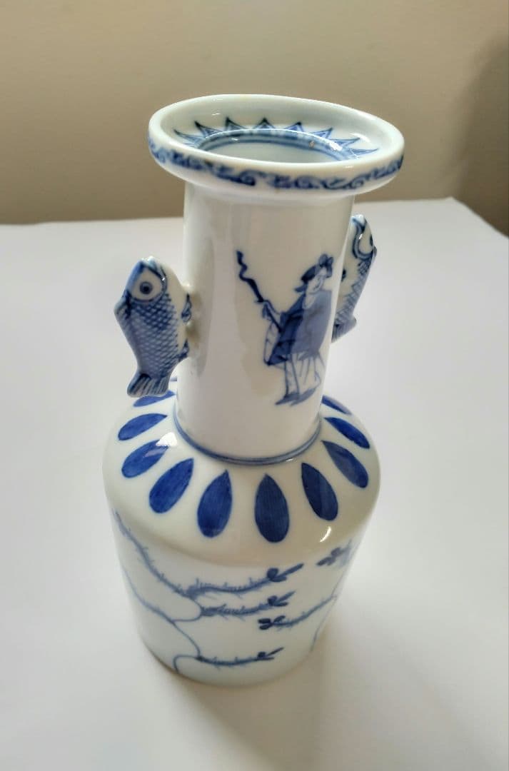 九谷　陶源製　高砂花入　染付鯉耳　華入