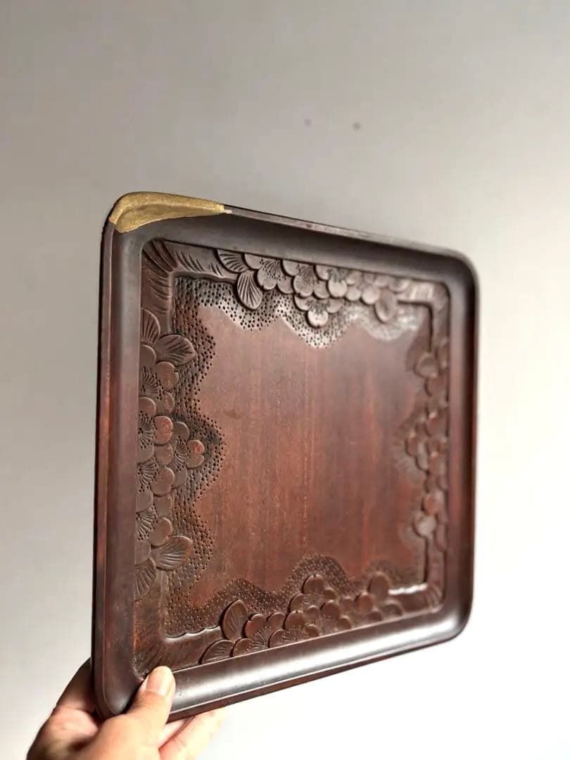 755 ヴィンテージ 軽井沢彫 桜彫 角盆 大阪屋家具店 金継ぎ 民芸 工芸