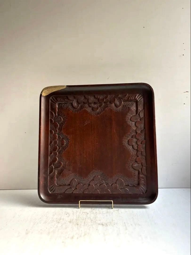 755 ヴィンテージ 軽井沢彫 桜彫 角盆 大阪屋家具店 金継ぎ 民芸 工芸