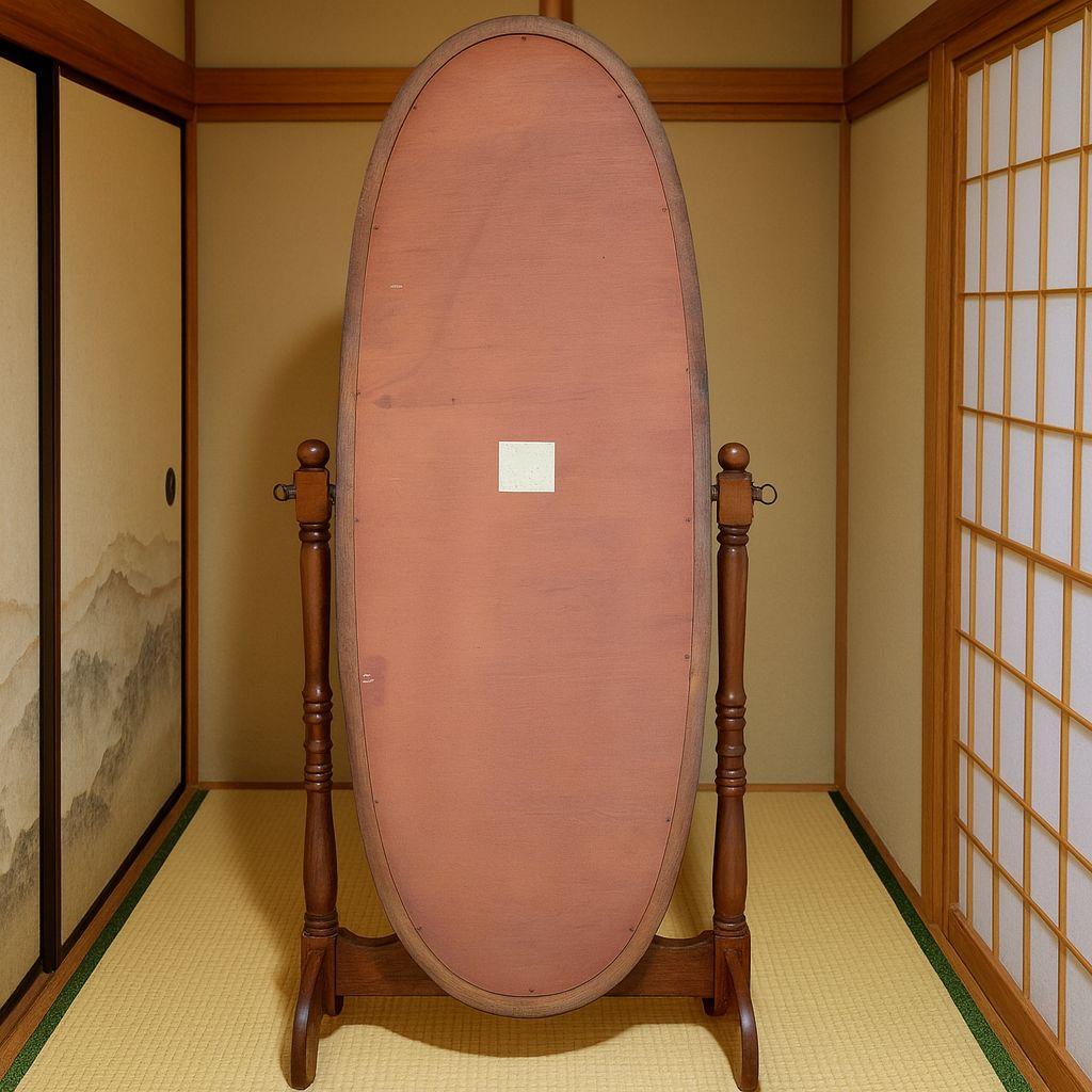 ​レトロ 姿見 楕円形 木製 スタンドミラー 天然木製 OM-340