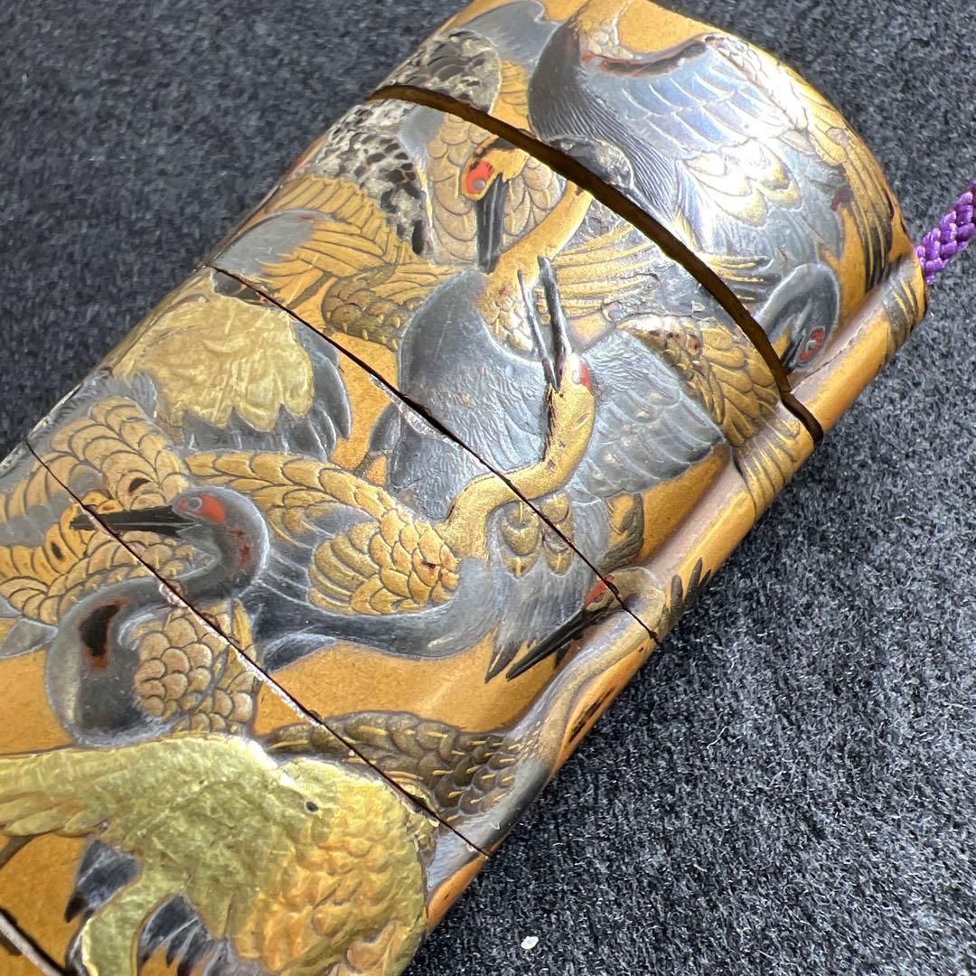 江戸時代　鶴蒔絵印籠、根付　70g 東Y8-0122☆2Fトコカ