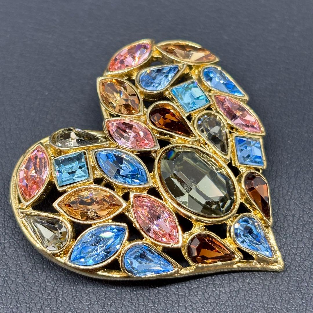 【希少】【美品】【イヴ・サンローラン】ハート カラーストーン ビジュー ブローチ