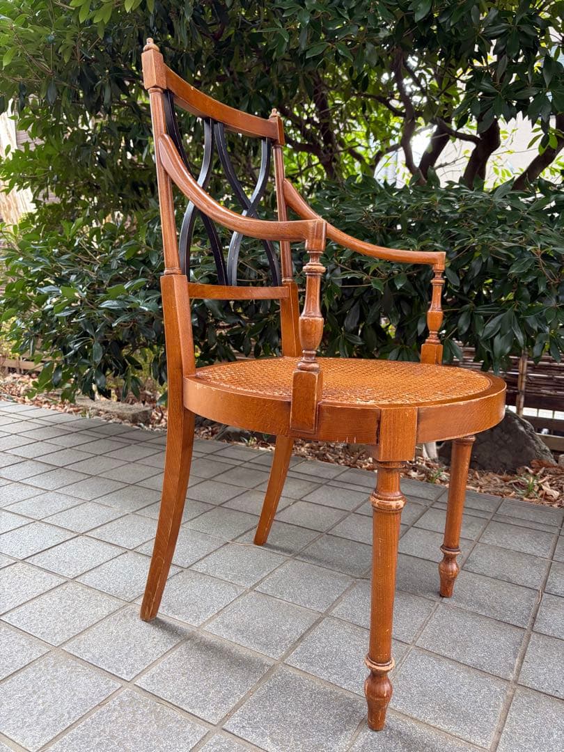 難あり アンティーク 木製ラタンチェア クロスデザイン 椅子 アールデコ