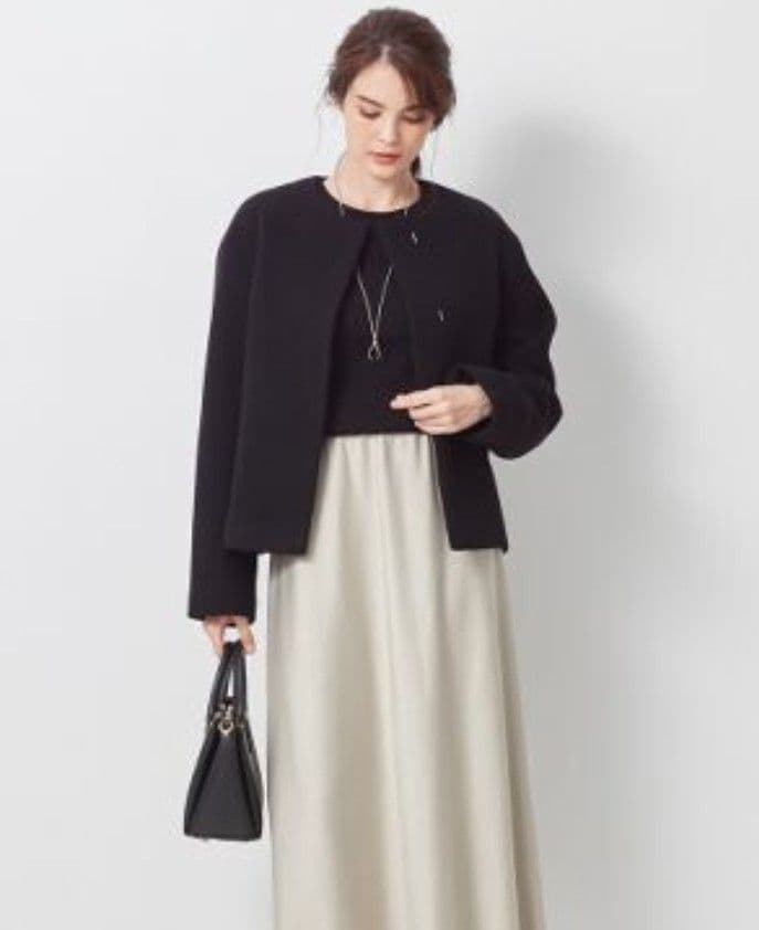 ★美品★23区 ダブルクロスベロアノーカラーショートコート黒 36 Sサイズ