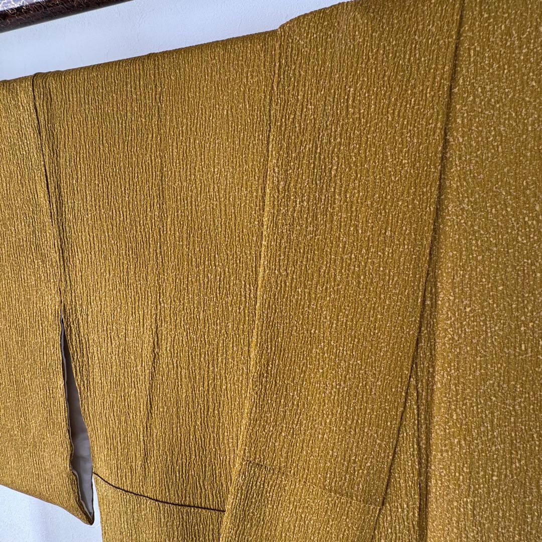 超美品　正絹　袷　広襟　訪問着　着物 168裄67 ふくれ織　からし　黄　トール