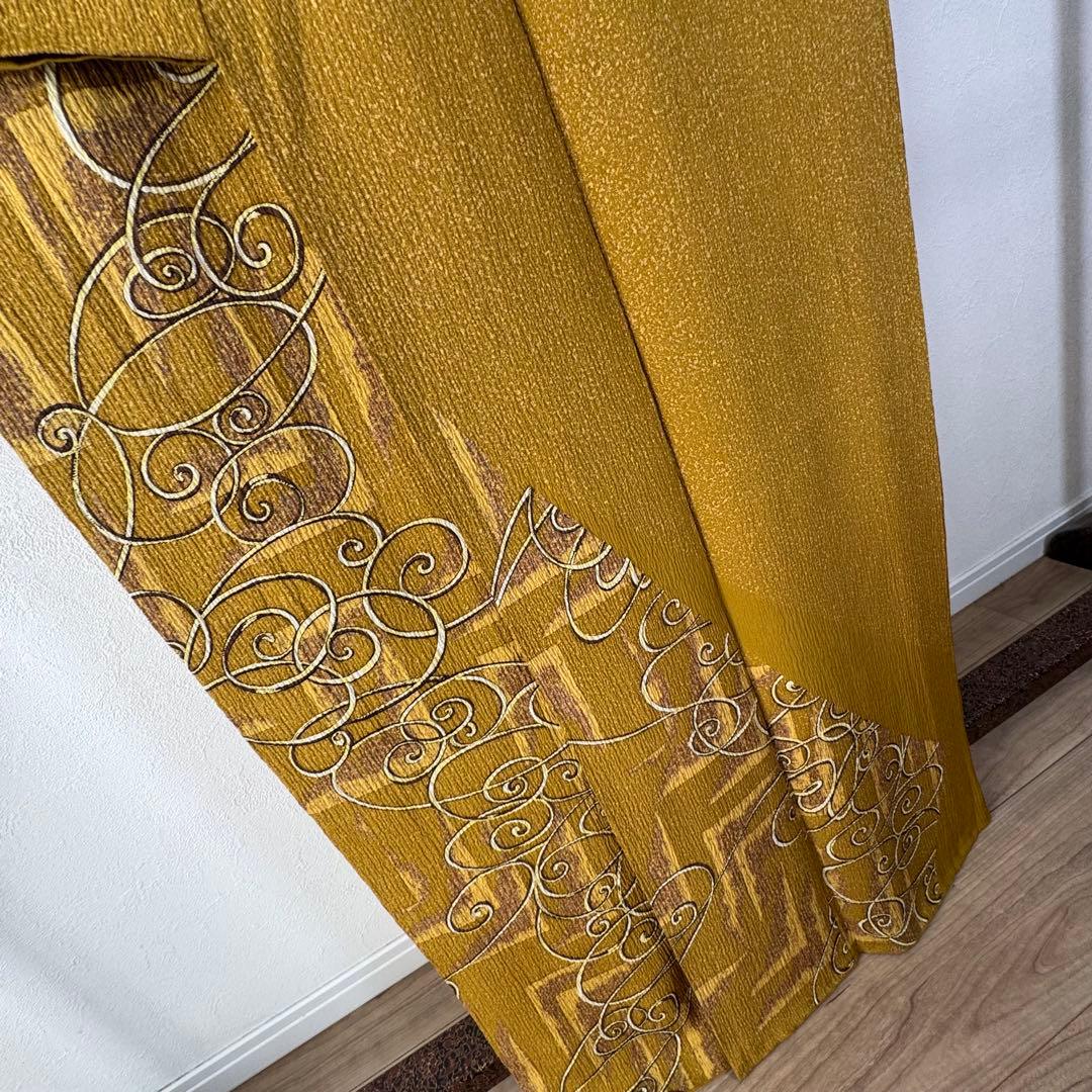 超美品　正絹　袷　広襟　訪問着　着物 168裄67 ふくれ織　からし　黄　トール