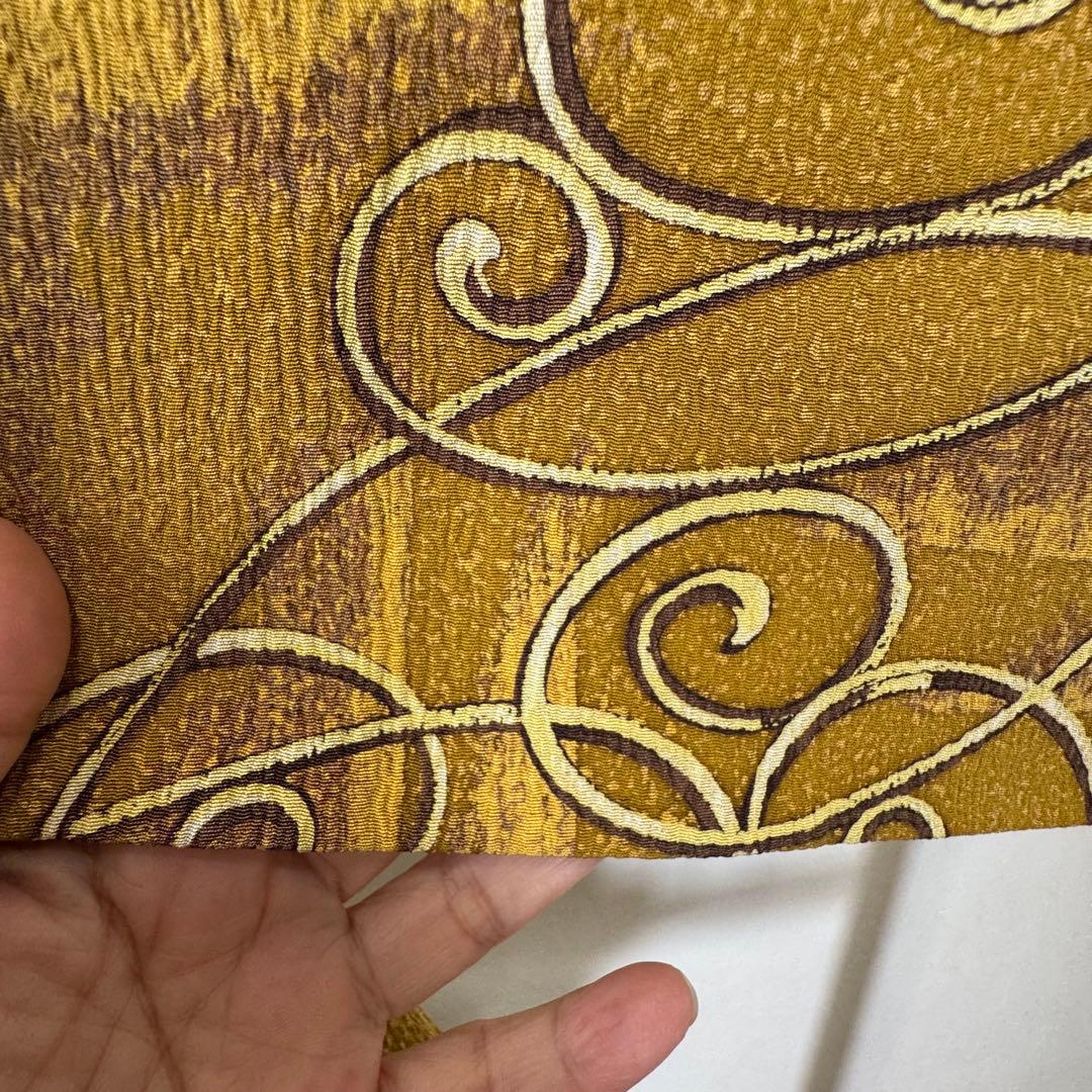 超美品　正絹　袷　広襟　訪問着　着物 168裄67 ふくれ織　からし　黄　トール