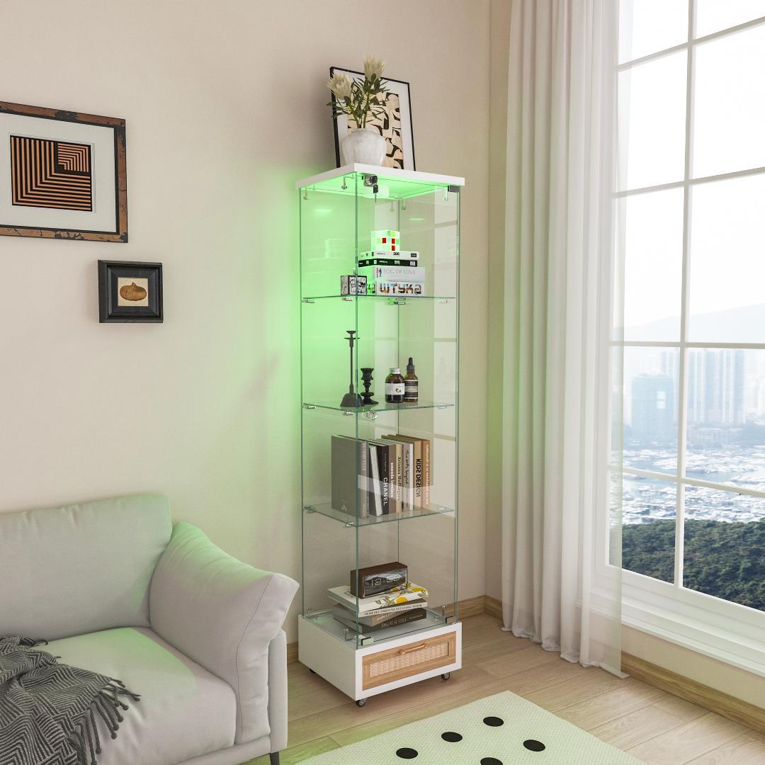 LED照明＆引き出し付き ガラスディスプレイキャビネット 鍵付き強化ガラス収納