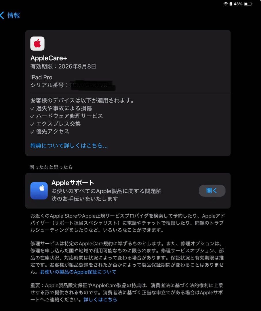 iPad Pro13インチM4 256GB Wifiモデル AppleCare+