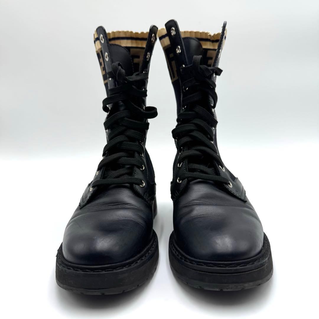 美品 FENDI ソックス ブーツ リブ ズッカ柄 FF Vibram 黒 37