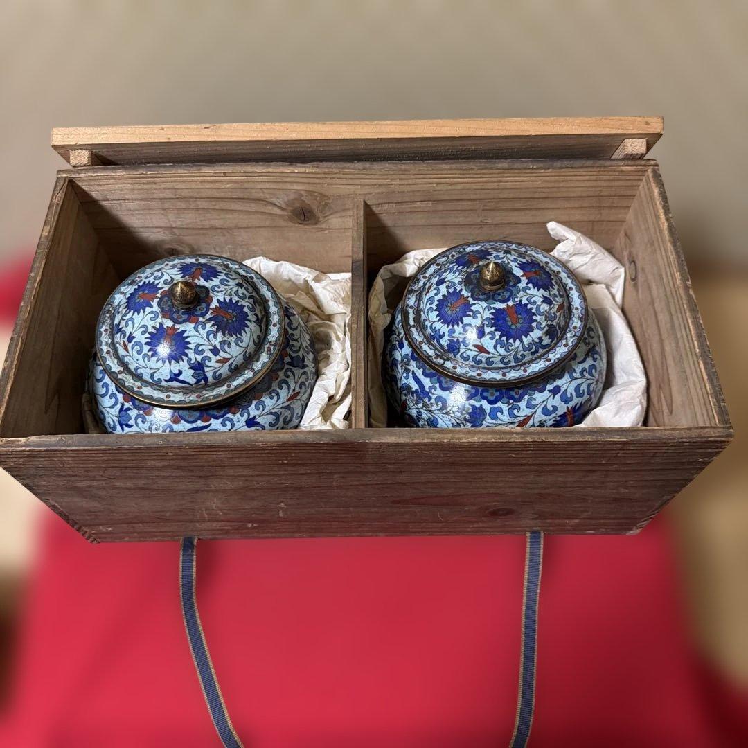 中国古美術　骨董品　七宝焼　蓋付き壺一対　保管箱