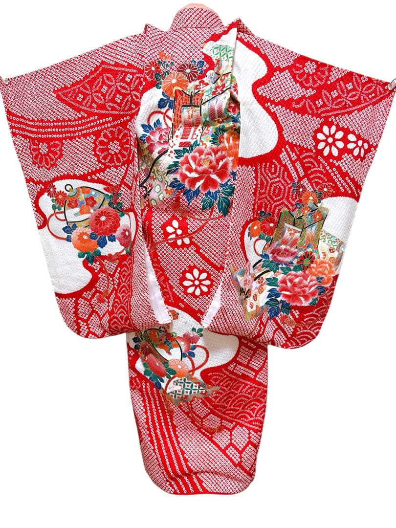 正絹鹿の子柄♡七五三　3歳　女の子　フルセット　一式　赤系　刺繍入り被布