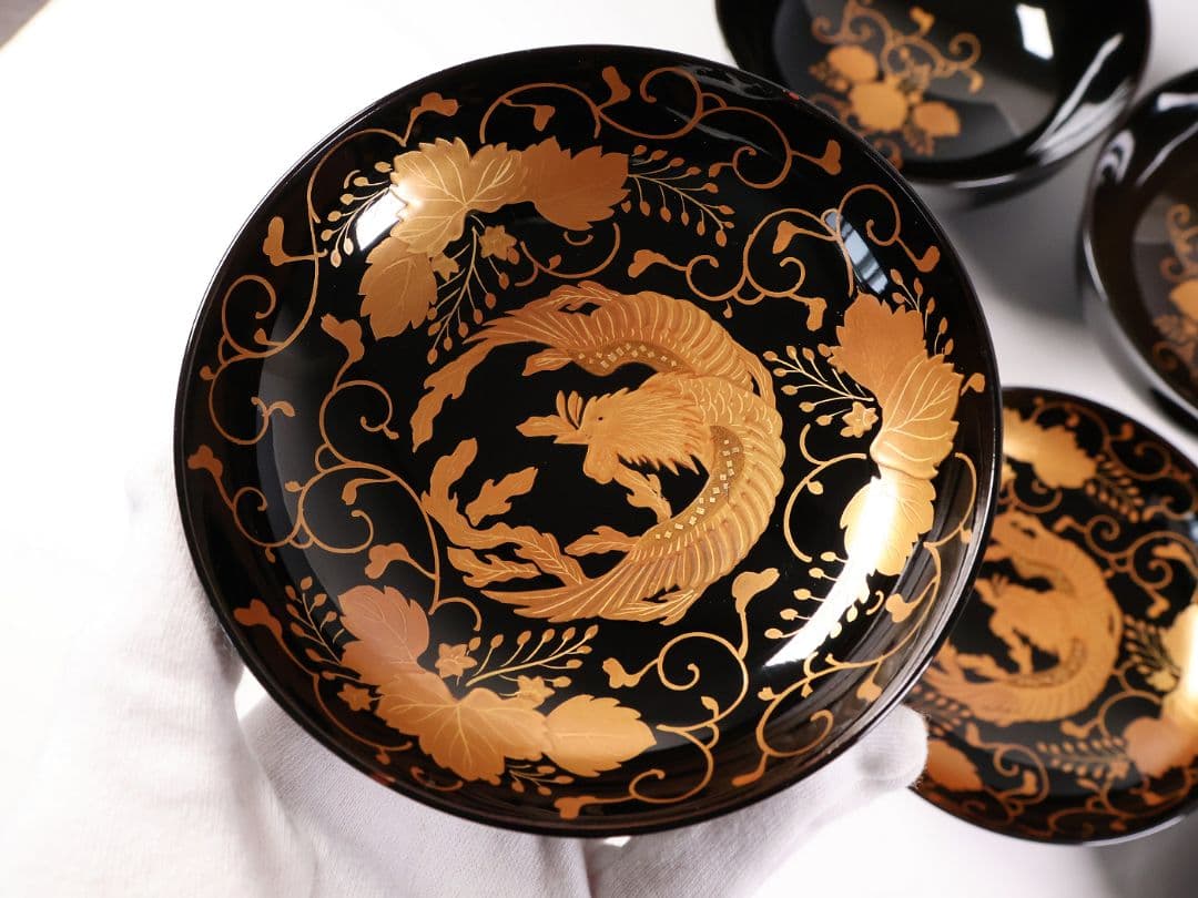 【MB194】天然木漆塗 鳳凰桐唐草 金蒔絵 黒塗 吸物椀 三客 大正昭和