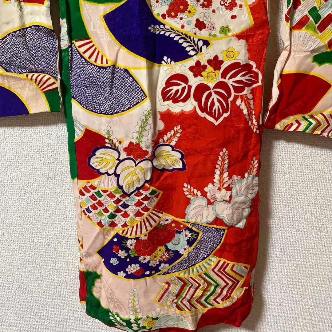 七五三　3歳　着物　被布　アンティーク　赤　古典柄