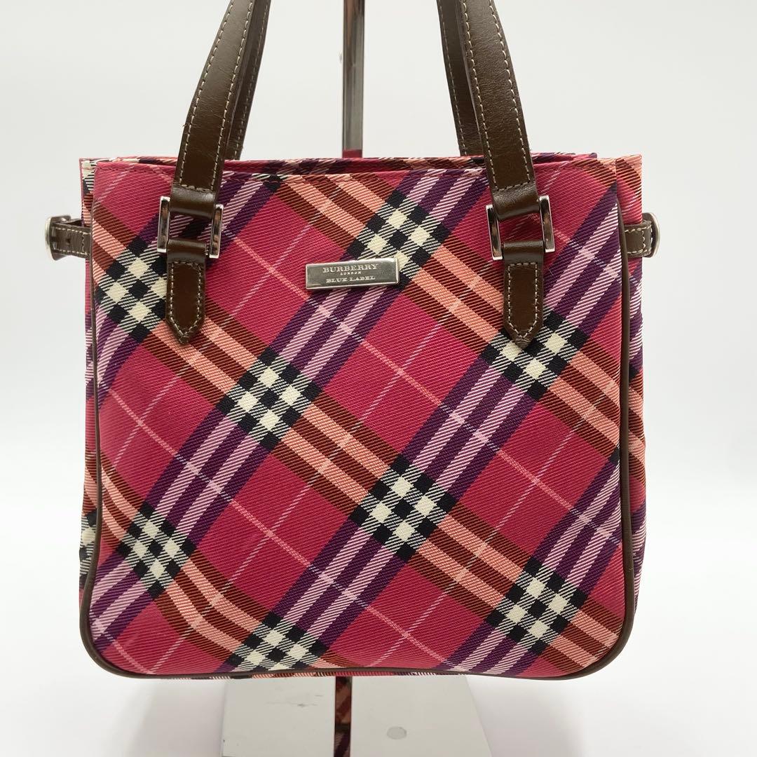 バーバリーブルーレーベル　ハンドバッグ　ミニトート　チェック　キャン　赤