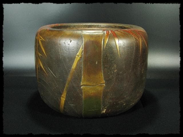 金蒔絵 桐丸 火鉢 一対 竹鳥文 スズメ 囲炉裏 茶道具 e59