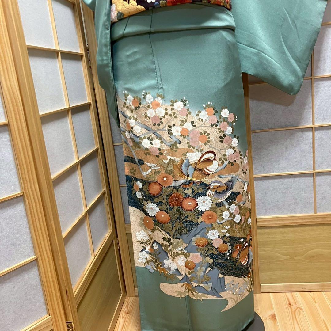 ［6479］色留袖 美品 鴛鴦花 駒刺繍 三つ紋 木瓜 正絹 着物 袷